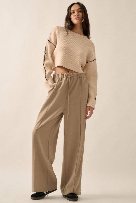 Solid Woven Wide-Leg Pintuck Drawstring Pants | CB9251