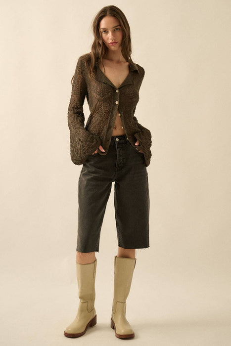 Solid Geometric-Pointelle Bell-Sleeve Cardigan | CT9254