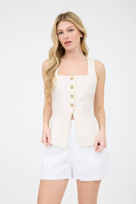 Linen Button Down Split Hem Cropped Vest | CT9256
