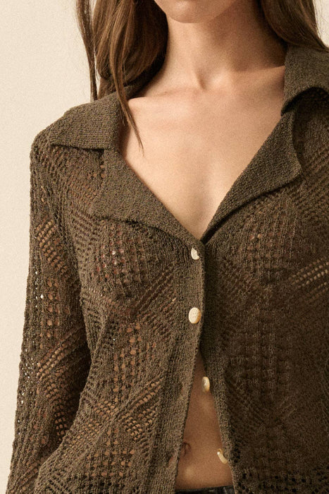 Solid Geometric-Pointelle Bell-Sleeve Cardigan | CT9254