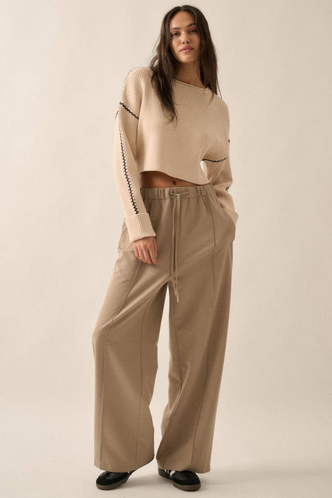Solid Woven Wide-Leg Pintuck Drawstring Pants | CB9251