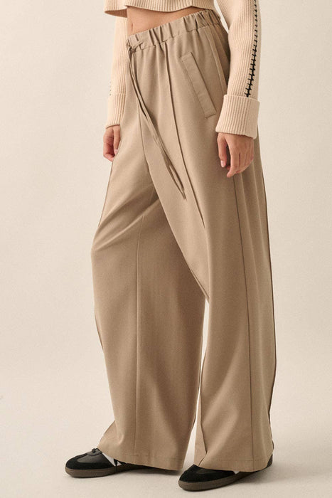Solid Woven Wide-Leg Pintuck Drawstring Pants | CB9251