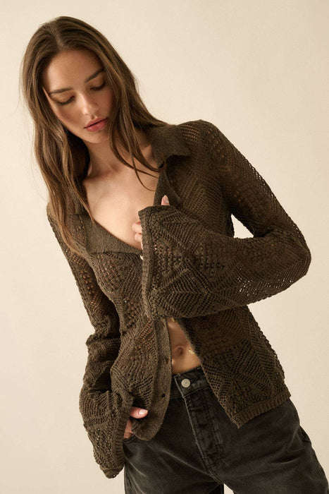 Solid Geometric-Pointelle Bell-Sleeve Cardigan | CT9254